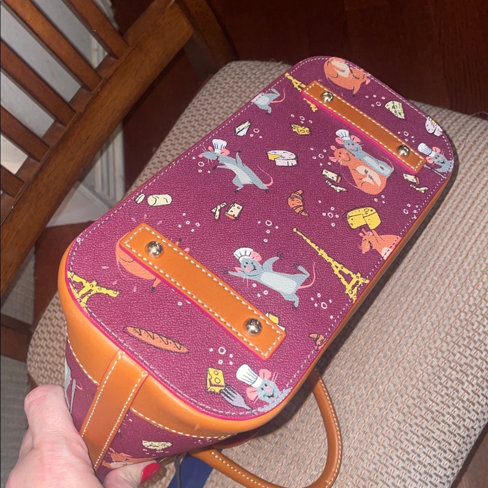 Dooney & Bourke Burgundy Parisian Print Satchel with Tan Trim - Picture 3 of 7